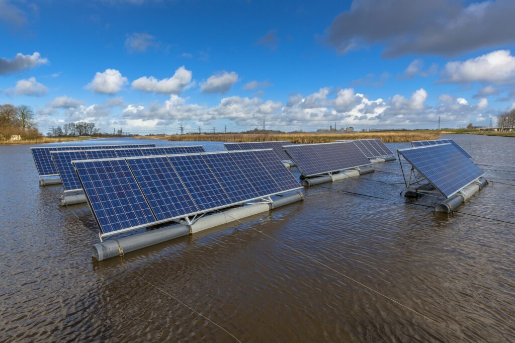 Solar panels floating on lake